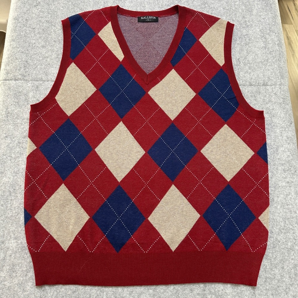 Kallspin Argyle Wool Blend Sweater Vest Mens XL Tall Red‎ Preppy Retro Heritage